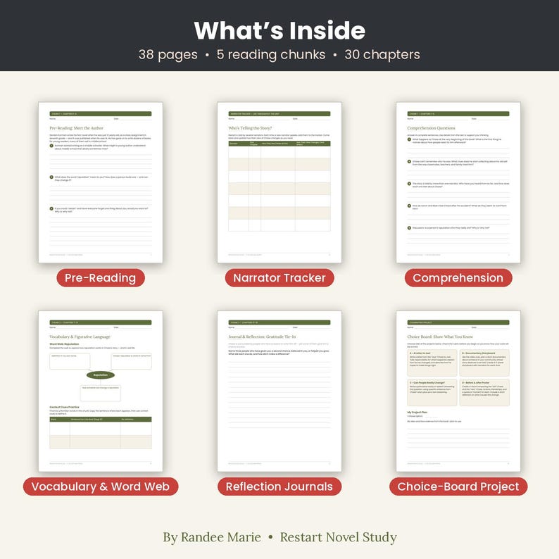 May include: A digital novel study packet titled What's Inside, featuring 38 pages, 5 reading chunks, and 30 chapters. The layout displays six distinct worksheets including Pre-Reading, Narrator Tracker, Comprehension, Vocabulary, Reflection Journals, and a Choice-Board Project by Randee Marie for the Restart Novel Study.
