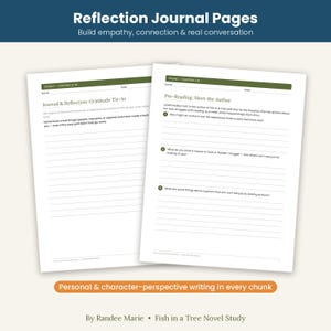 Op de afbeelding: Twee witte papieren journalpagina's met groene kopteksten getiteld Reflection Journal Pages. De pagina's bevatten gelinieerde secties om te schrijven, genummerde vragen en tekst waaronder Journal & Reflection: Gratitude Tie-In en Pre-Reading: Meet the Author.