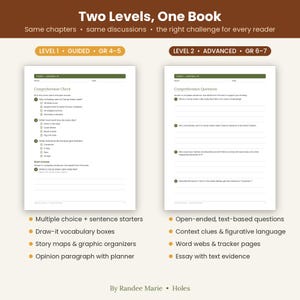 Pode incluir: Duas folhas de exerc&iacute;cios educativas intituladas Two Levels, One Book para o livro Holes de Randee Marie. O n&iacute;vel 1 Guided para os anos 4-5 apresenta quest&otilde;es de m&uacute;ltipla escolha. O n&iacute;vel 2 Advanced para os anos 6-7 inclui quest&otilde;es abertas.