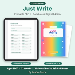 Op de afbeelding: Een 12-weken dagboek getiteld Just Write, met een regenboogverloop op de kaft met sterren en cirkels. De digitale versie wordt getoond op een tablet met een inhoudsopgave van 12 weken. Inclusief een printbaar formaat van 7 bij 10 inch.