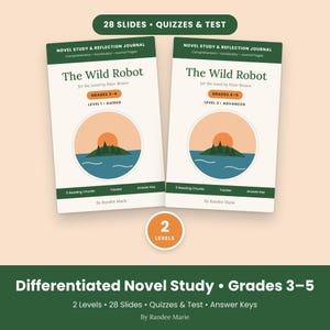 The Wild Robot Novel Study, 2 Levels, Teaching Slides, Quizzes & Novel Test, Grades 3-5, Homeschool Reading Unit (PDF + PPT)
