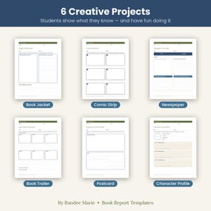 以下が含まれることがあります： 6 Creative Projects, Students show what they know &mdash; and have fun doing itというタイトルの6枚の教育用ワークシートセット。テンプレートには、Book Jacket、Comic Strip、Newspaper、Book Trailer、Postcard、Character Profileが含まれています。