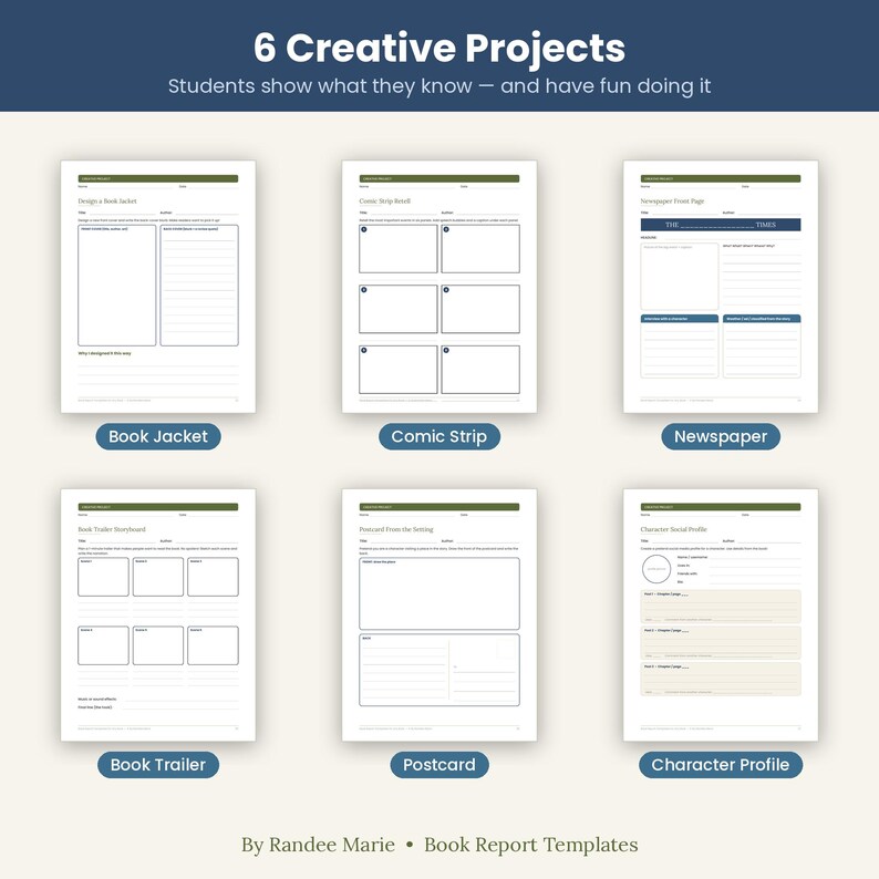 以下が含まれることがあります： 6 Creative Projects, Students show what they know &mdash; and have fun doing itというタイトルの6枚の教育用ワークシートセット。テンプレートには、Book Jacket、Comic Strip、Newspaper、Book Trailer、Postcard、Character Profileが含まれています。