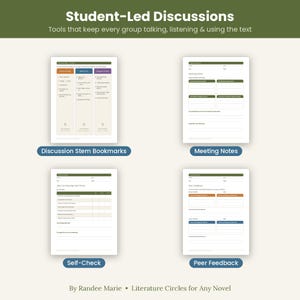 May include: A set of four educational worksheets titled Student-Led Discussions, featuring Discussion Stem Bookmarks, Meeting Notes, Self-Check, and Peer Feedback forms. The documents include organised sections for group notes, feedback, and goals.