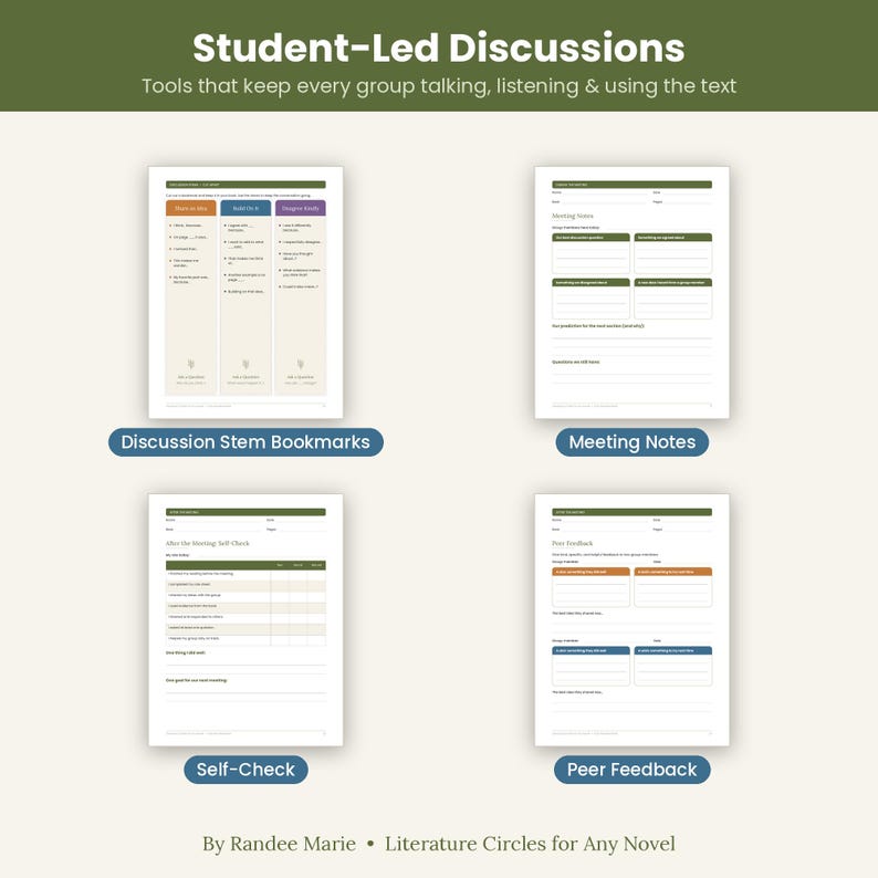 May include: A set of four educational worksheets titled Student-Led Discussions, featuring Discussion Stem Bookmarks, Meeting Notes, Self-Check, and Peer Feedback forms. The documents include organised sections for group notes, feedback, and goals.