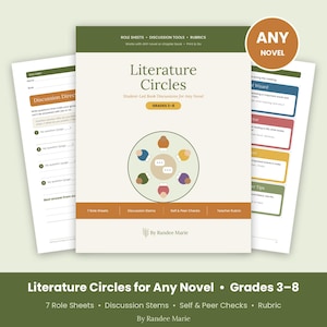May include: A Literature Circles educational resource pack for grades 3-8, featuring a cover page with a circular illustration of students around a table, role sheets, discussion tools, and rubrics, with the text By Randee Marie.