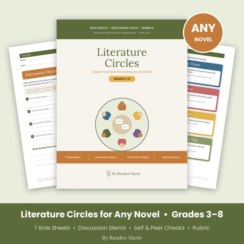 May include: A Literature Circles educational resource pack for grades 3-8, featuring a cover page with a circular illustration of students around a table, role sheets, discussion tools, and rubrics, with the text By Randee Marie.