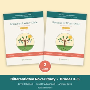 May include: Two educational novel study and reflection journals for Because of Winn-Dixie by Kate DiCamillo. The covers feature a tree illustration with hanging bottles, a yellow sun, and paw prints. One is Level 1 Guided for grades 2-4, the other Level 2 Advanced for grades 4-5.
