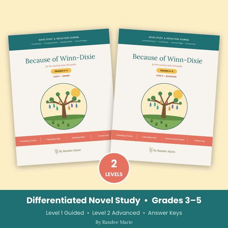 May include: Two educational novel study and reflection journals for Because of Winn-Dixie by Kate DiCamillo. The covers feature a tree illustration with hanging bottles, a yellow sun, and paw prints. One is Level 1 Guided for grades 2-4, the other Level 2 Advanced for grades 4-5.