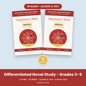 Charlotte's Web Novel Study for Homeschool, Grades 3-5, 2 Levels, Slides, Quizzes & Test, Answer Keys (PDF + PPT) image 1