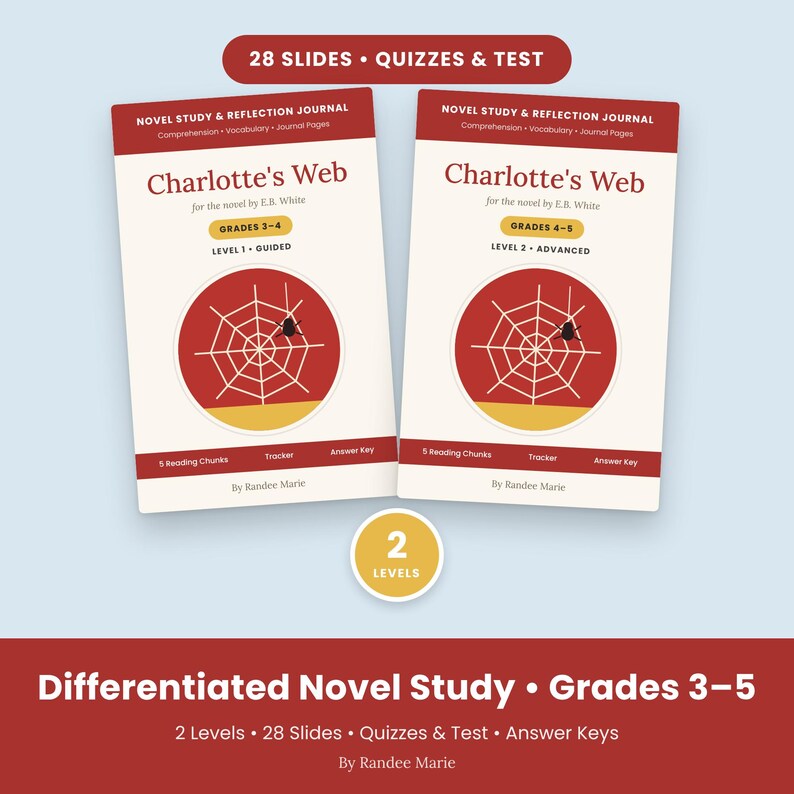 Charlotte's Web Novel Study for Homeschool, Grades 3-5, 2 Levels, Slides, Quizzes & Test, Answer Keys (PDF + PPT) image 1