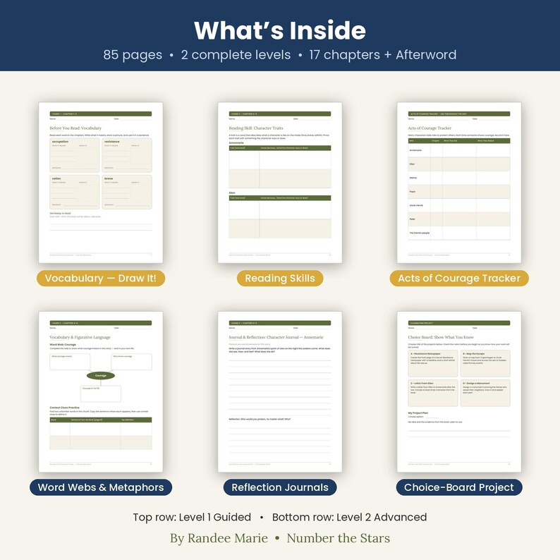 Puede incluir: Un recurso educativo digital titulado Number the Stars de Randee Marie, con 85 p&aacute;ginas, 2 niveles y 17 cap&iacute;tulos. El dise&ntilde;o muestra seis hojas de trabajo que incluyen vocabulario, habilidades de lectura, rastreadores de coraje y diarios.