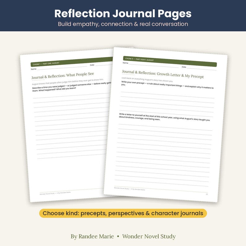 May include: Two white journal pages with green headers titled Reflection Journal Pages. The left page is titled Journal & Reflection: What People See, and the right page is titled Journal & Reflection: Growth Letter & My Precept, both featuring lined writing spaces.