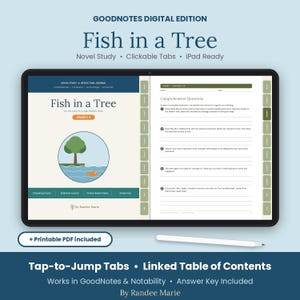 Op de afbeelding: Een digitaal romanstudie-dagboek voor Fish in a Tree weergegeven op een tabletscherm. De interface bevat klikbare tabbladen, een inhoudsopgave en begripsvragen. Een witte stylus ligt onder de tablet. De tekst bevat Goodnotes Digital Edition, Fish in a Tree en By Randee Marie.