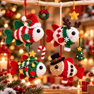 May include: Four crocheted fish ornaments hanging from a branch. One wears a Santa hat with a candy cane, one has reindeer antlers and a scarf, one is decorated like a Christmas tree with lights, and one wears a top hat and scarf.
