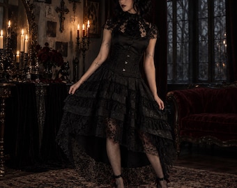 Gothic High Low Skirt, Victorian Lace Skirt, Ruffle Maxi Skirt, Black Goth Skirt, Vampire Skirt, Steampunk Skirt, Witchy Clothing