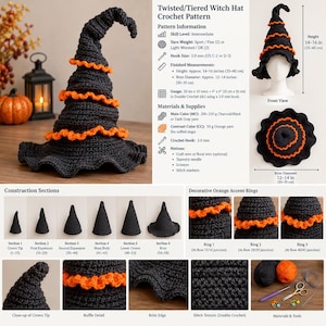 May include: A crochet pattern for a twisted witch hat in charcoal and orange. The document includes text, diagrams, and photos showing construction steps, materials, and finished dimensions of 14-16 inches high and 12-14 inches in brim diameter.