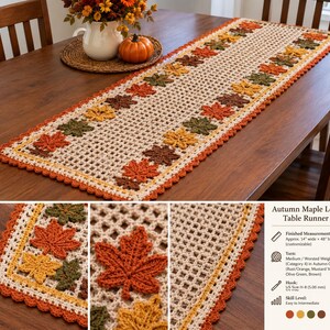Pode incluir: Um caminho de mesa retangular em crochê com um padrão de grade aberta em bege, contornado por uma borda festonada em laranja ferrugem. O caminho é decorado com motivos tridimensionais de folhas de bordo em tons de ferrugem, amarelo mostarda, verde oliva e castanho.