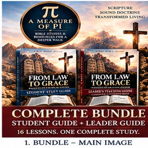 May include: A complete bundle of two study guides titled From Law to Grace, featuring a student guide and a leader guide. The covers display a mountain landscape with a cross and stone tablets. Text includes A Measure of Pi and 16 Lessons.