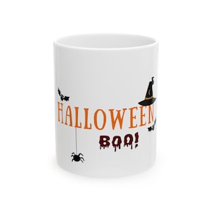 Halloween Boo mug | Halloween text, witch hat, bats, spider