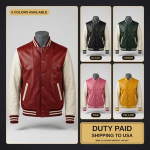 May include: A varsity jacket with a red body and cream sleeves, featuring a snap-button front, striped ribbed collar, cuffs, and hem. The image displays five color options: red, black, green, pink, and yellow, with text stating 5 COLORS AVAILABLE.