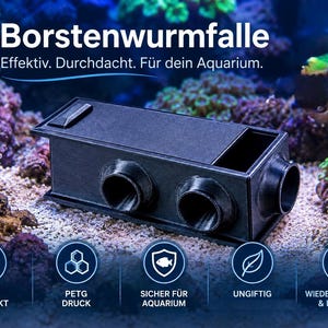 Könnte beinhalten: Eine schwarze, rechteckige Borstenwurmfalle für Aquarien mit mehreren runden Eingängen und einem Deckel. Das Gerät enthält deutsche Textbeschriftungen wie Borstenwurmfalle, 3D gedruckt, PETG Druck, sicher für Aquarium, ungiftig, wiederverwendbar & langlebig.