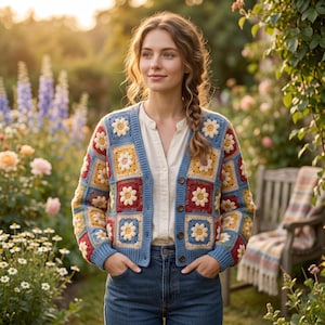 May include: A long-sleeve cardigan made of multi-coloured crochet granny squares featuring a daisy flower motif in white, yellow, red, and blue. The garment has a V-neckline, a button-down front with dark buttons, and ribbed cuffs and hem.