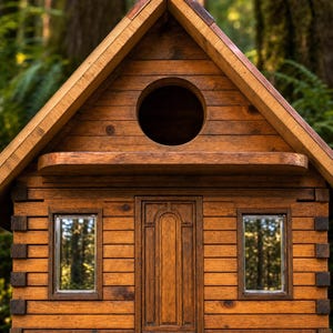 May include: A wooden birdhouse constructed with horizontal planks and interlocking corner joints. It features a triangular roof, a central circular opening, a small horizontal ledge, a single rectangular door, and two rectangular windows with glass panes.