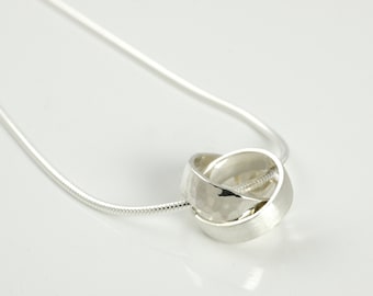 Double Ring Necklace, two Circles Necklace, Silver Necklace, Silver Pendant, Moving Silver Rings, Hammered and Matted