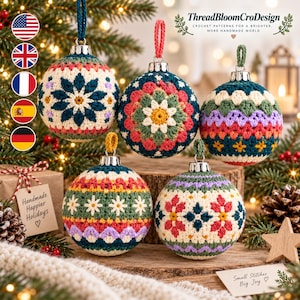 May include: Five spherical crochet ornaments featuring intricate, multi-colored geometric and floral patterns. Each ornament is topped with a silver cap and a matching yarn hanging loop, displaying various designs including stars, flowers, and zigzags.