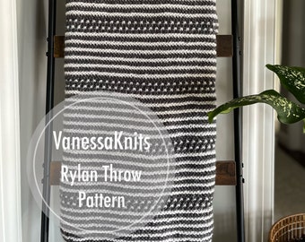 VanessaKnits Knitting PATTERN - Rylan Throw / Lion Brand / Striped Textured Knit Blanket / Level: Easy+