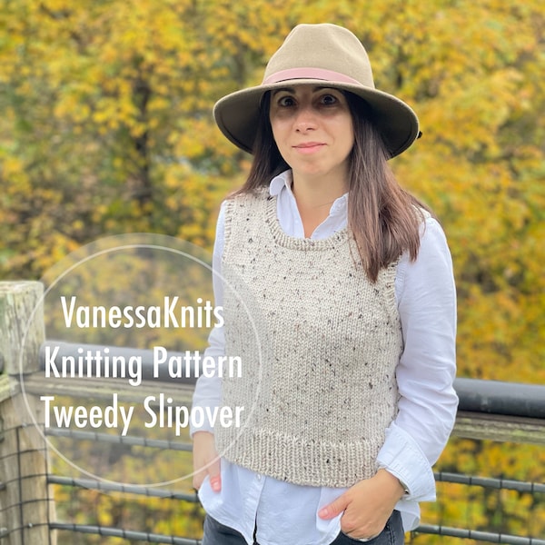 VanessaKnits Knitting PATTERN - Tweedy Slipover / Lion Brand / Cropped Vest / Layering Piece / Level: Easy+