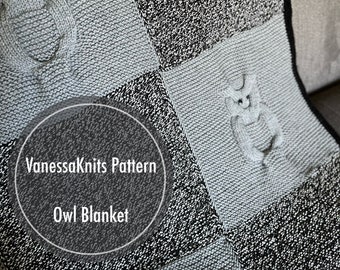 VanessaKnits Knitting PATTERN - Owl Blanket / Lion Brand / Easy Cable Knit Throw / Level: Easy+