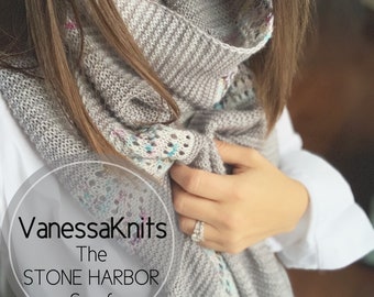 KNITTING PATTERN - Stone Harbor Scarf // Oversized Wrap Shawl // Tassels // Lace and Garter // Fingering Weight Scarf // Level: Easy+