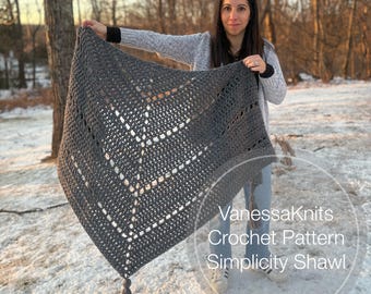 CROCHET PATTERN - Simplicity Shawl // Yarnalia Fluffy // Oversized Eyelets / Chunky Weight Yarn // Tassels // VanessaKnits