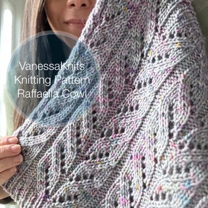 Peut inclure: Un col tricoté gris et lavande avec un motif ajouré texturé. Le col présente un bord côtelé et un motif moucheté avec des touches de couleur. Le texte "VanessaKnits Knitting Pattern Raffaella Cowl" est visible.
