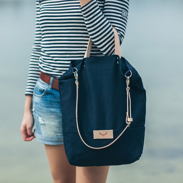 Navy blue, cotton tote handbag SEAL / natural leather handles and strap