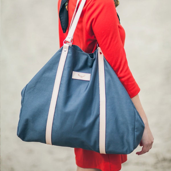Gray, cotton tote handbag CAMEL / natural leather handles and strap