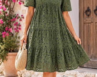 Handmade Eyelet V Neck Dress, Short Sleeve Ruffle A Line Dress