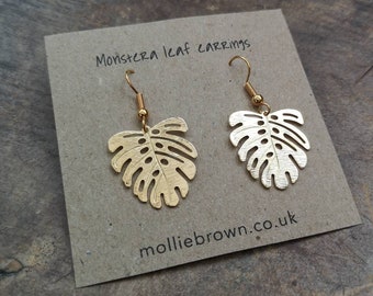 Gold plated Monstera leaf earrings - tropical leaf earrings