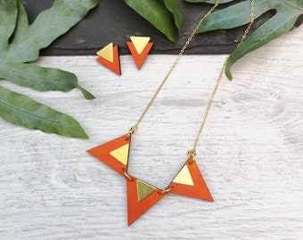 Triple triangle necklace - Geometric triangle necklace - laser cut wood and brass necklace