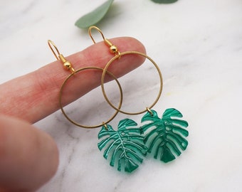 Monstera leaf hoop earrings - laser cut earrings - tropical leaf earrings