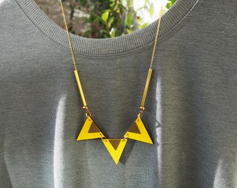 handmade geometric triangle necklace - laser cut necklace in wood and brass