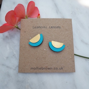 Geometric semi circle stud earrings / Half moon stud earrings in wood and brass