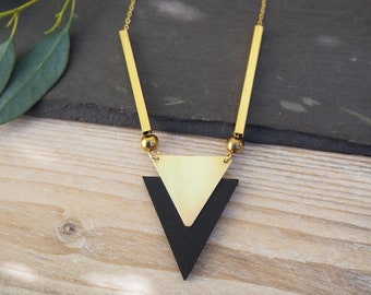 Laser cut geometric triangle necklace - Art Deco necklace - wood and brass necklace