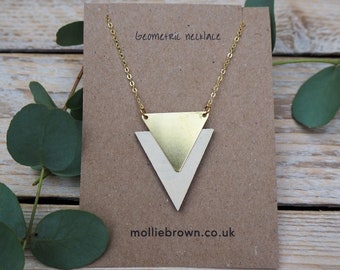 Modern geometric pendant necklace - geometric triangle necklace - laser cut wood and brass necklace