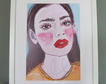 Impresión de ilustración de retrato de niña, impresión de ilustración de moda A4, impresión de rostro de moda, arte de pared con ilustración digital