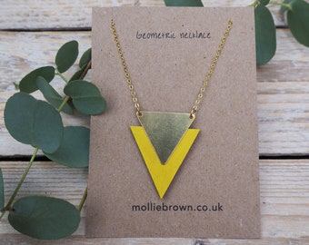 Geometric triangle necklace - laser cut wood and brass necklace