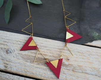 Geometric statement triangle necklace - laser cut wood and brass necklace