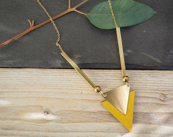 Laser cut geometric triangle necklace - Art Deco necklace - wood and brass necklace